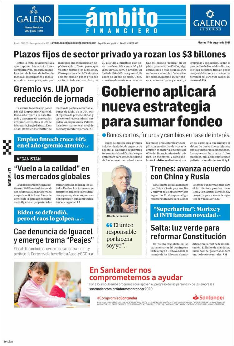 Portada de Diario Ambito Financiero (Argentina)