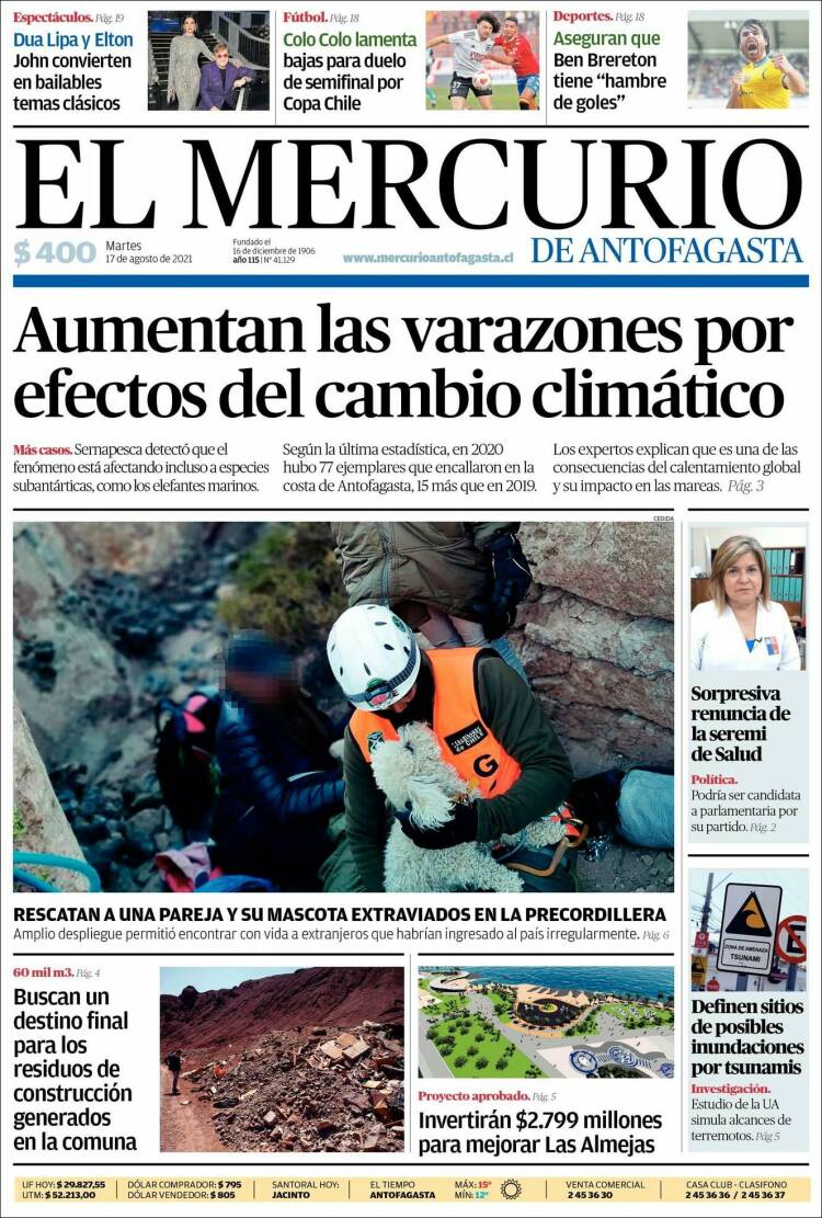 Portada de El Mercurio de Antofagasta (Chile)