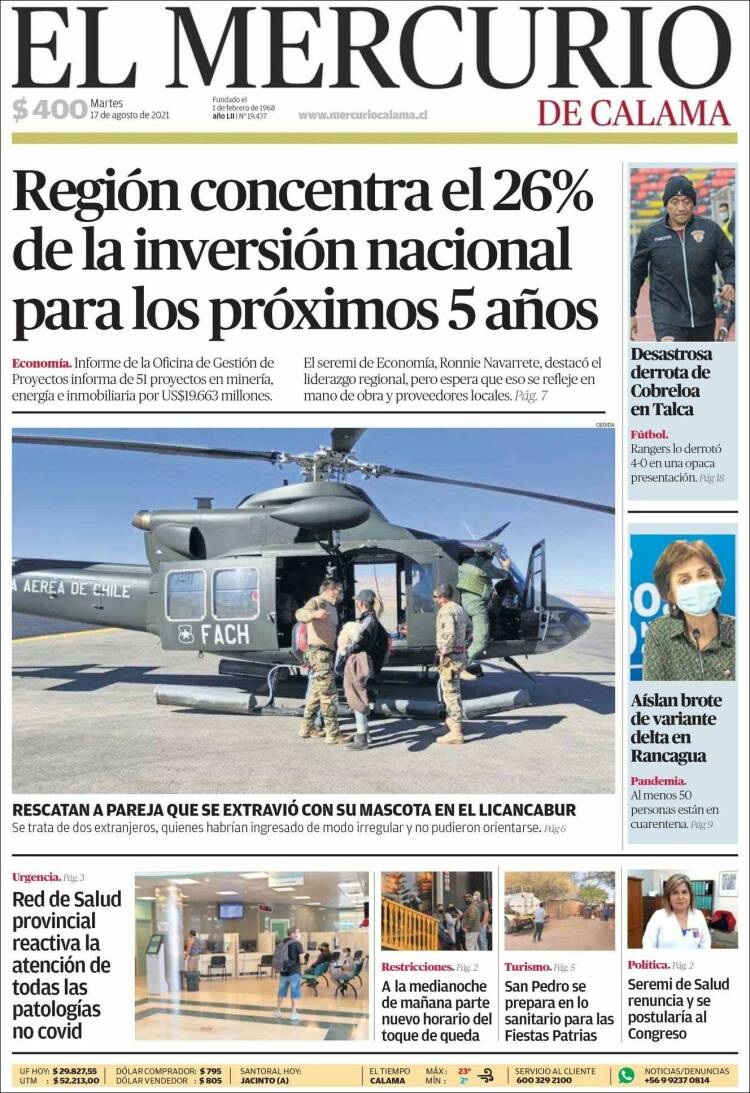 Portada de El Mercurio - Calama (Chile)