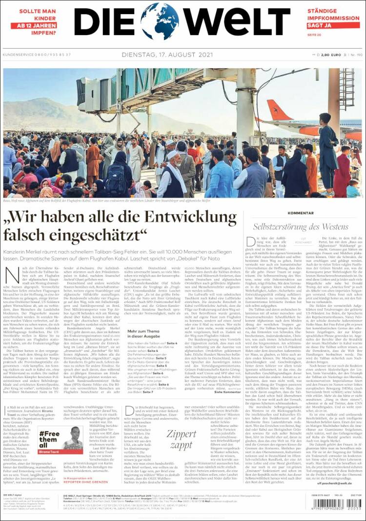 Portada de Die Welt (Alemania)