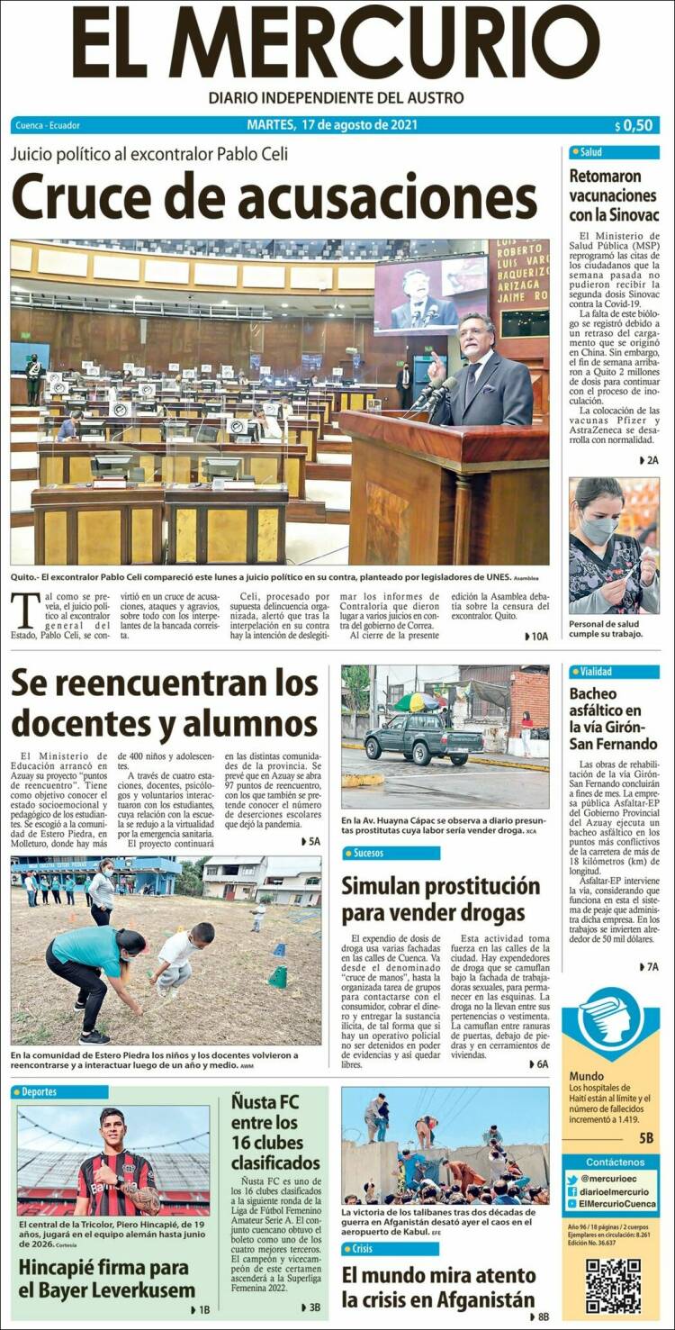 Portada de Diario El Mercurio (Ecuador)