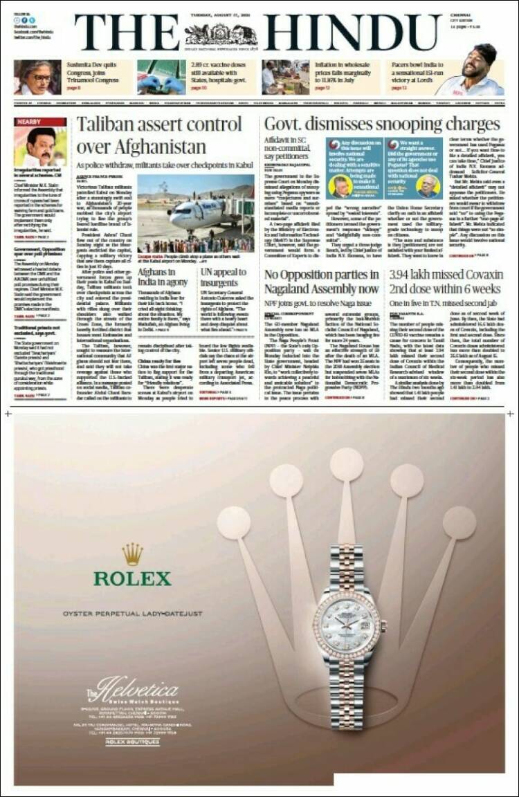 Portada de The Hindu (India)