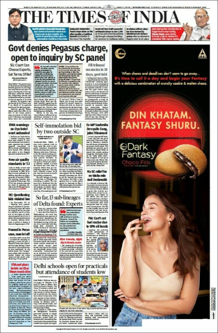 Portada de The Times of India (India)