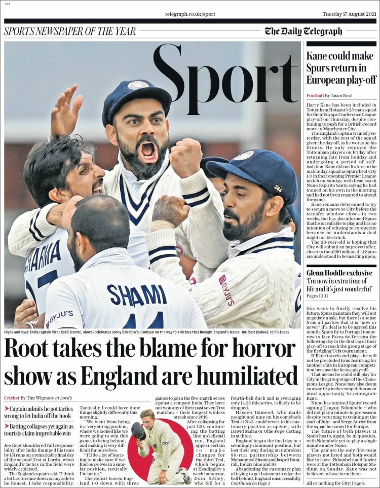 Portada de Telegraph Sport (Reino Unido)