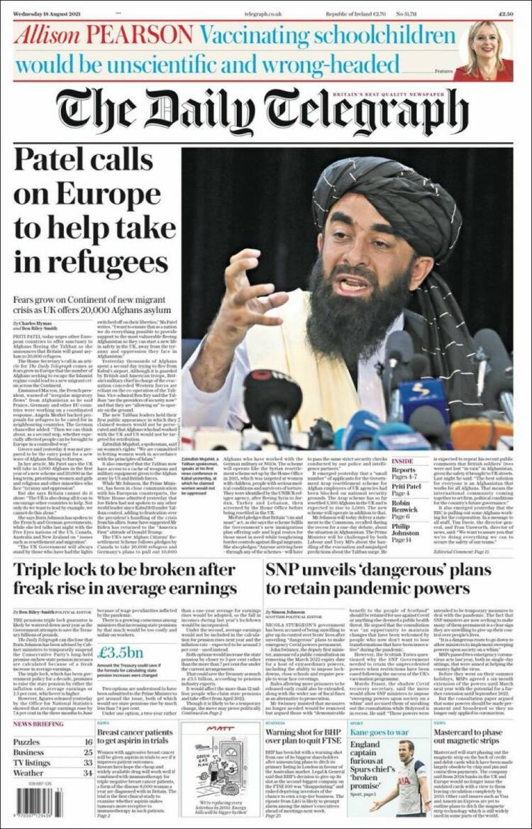 Portada de Daily Telegraph (Reino Unido)