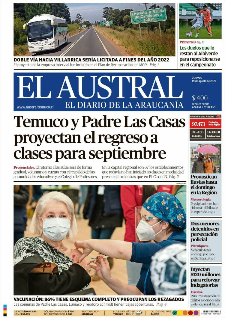 Portada de El Austral de Temuco (Chile)