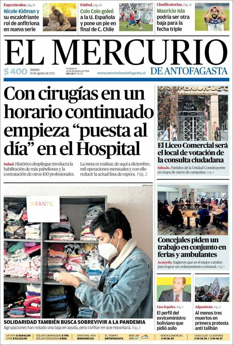 Portada de El Mercurio de Antofagasta (Chile)