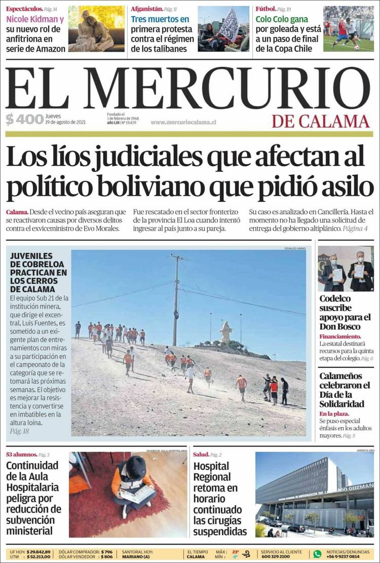 Portada de El Mercurio - Calama (Chile)