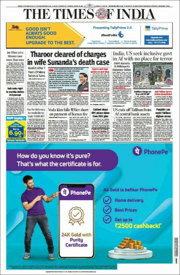 Portada de The Times of India (India)