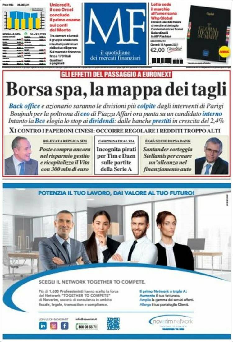 Portada de Milano Finanza (Italia)