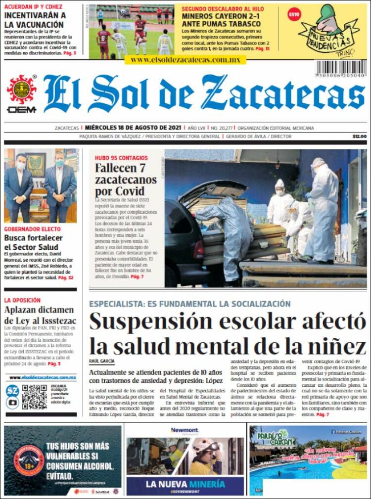 Portada de El Sol de Zacatecas (M&eacute;xico)