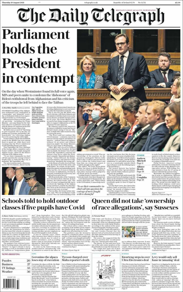 Portada de Daily Telegraph (Reino Unido)