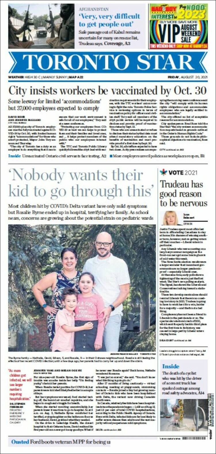 Portada de The Toronto Star (Canada)