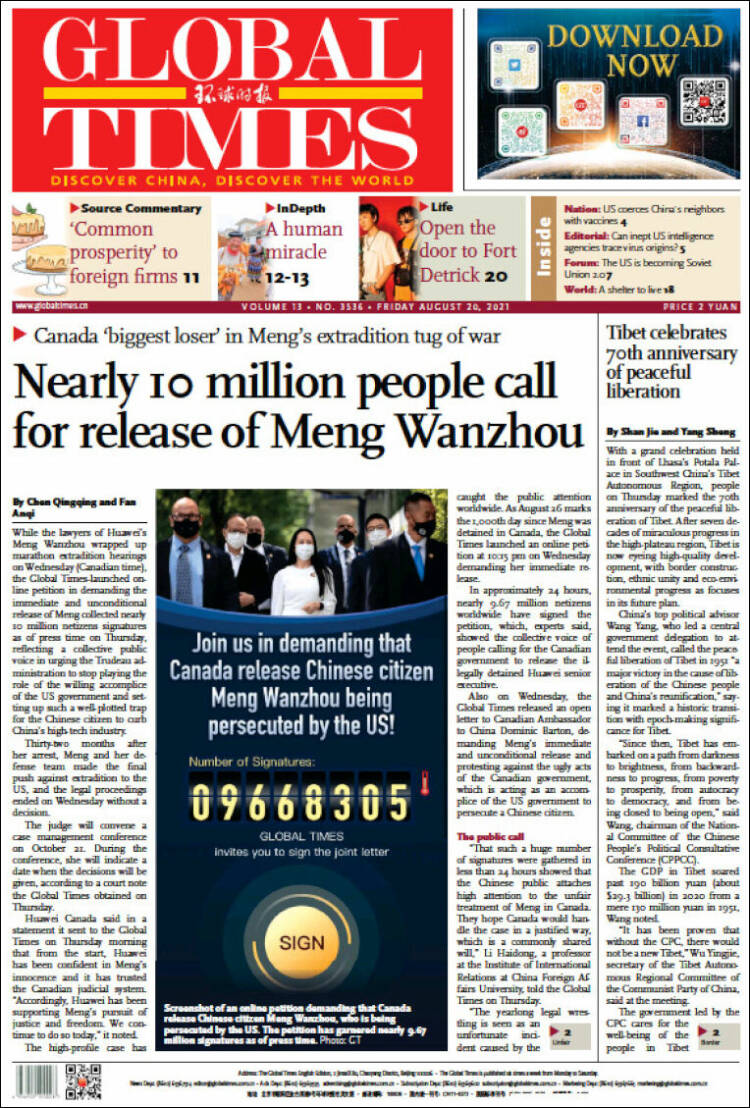 Portada de The Global Times (China)