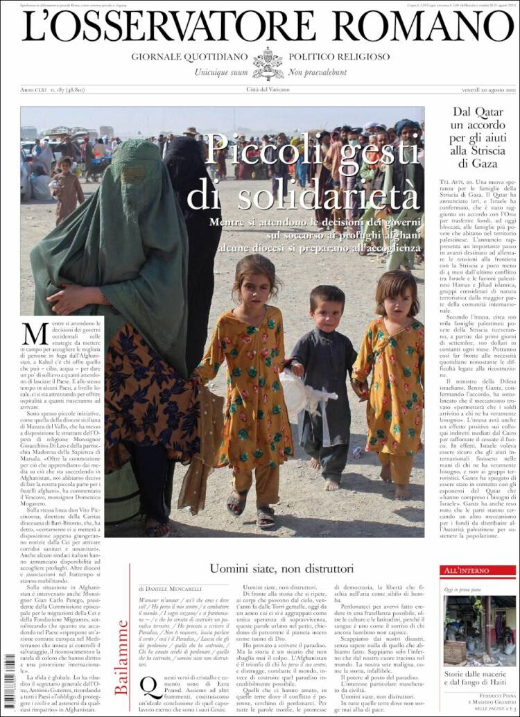 Portada de L'Osservatore Romano (Italia)