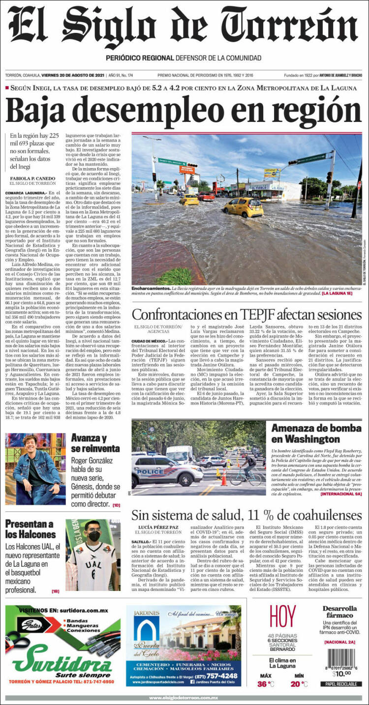 Portada de El Siglo de Torreon (México)