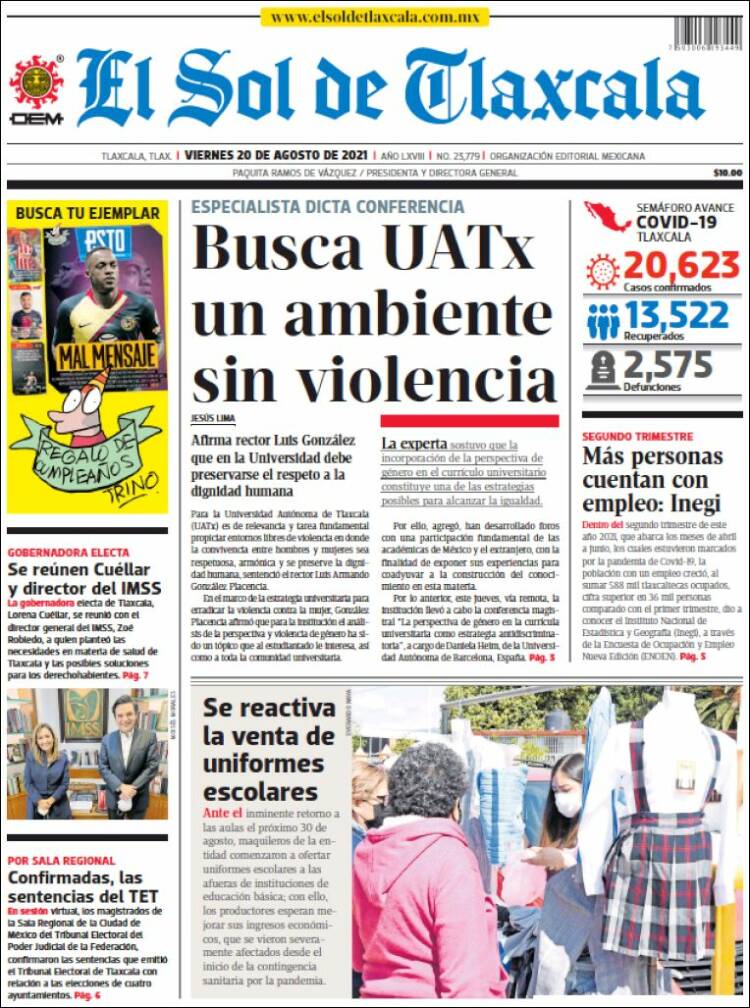 Portada de El Sol de Tlaxcala (México)