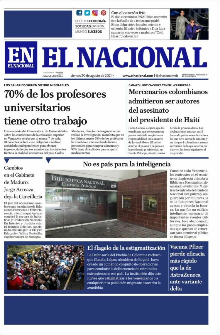 Portada de El Nacional (Venezuela)
