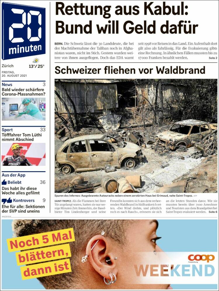 Portada de 20Minuten - Zürich (Suiza)