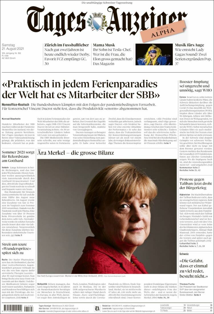 Portada de Tages-Anzeiger (Suiza)