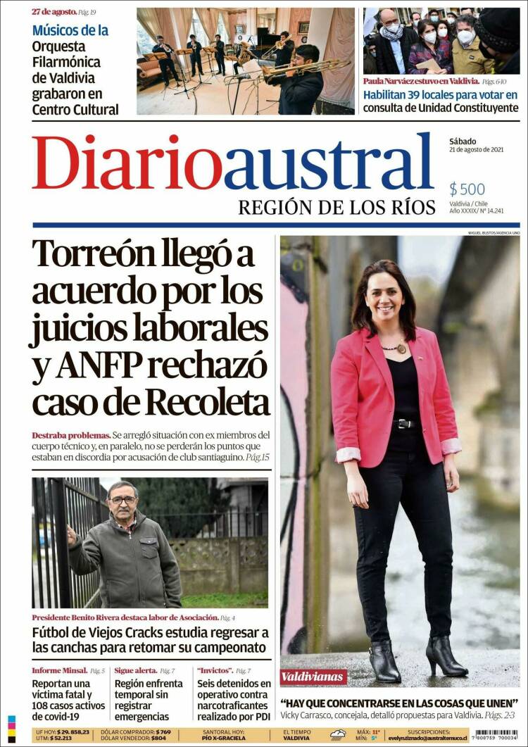 Portada de El Diario Austral de Valdivia (Chile)