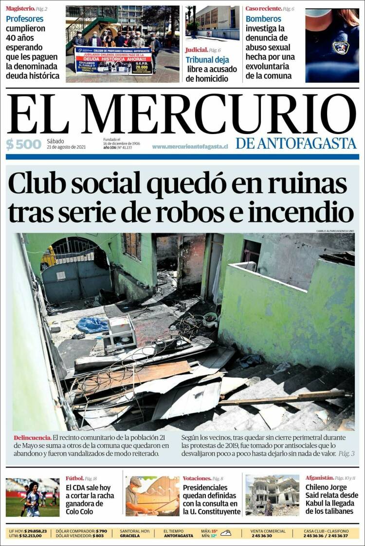 Portada de El Mercurio de Antofagasta (Chile)