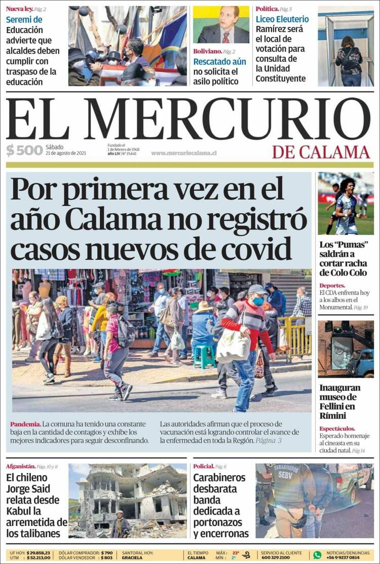 Portada de El Mercurio - Calama (Chile)