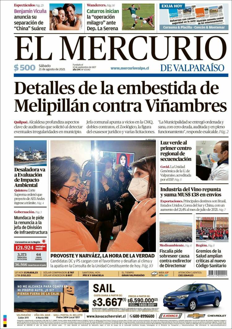 Portada de Mercurio de Valparaiso (Chile)