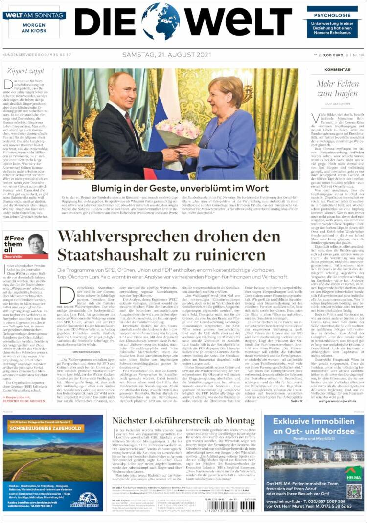 Portada de Die Welt (Alemania)