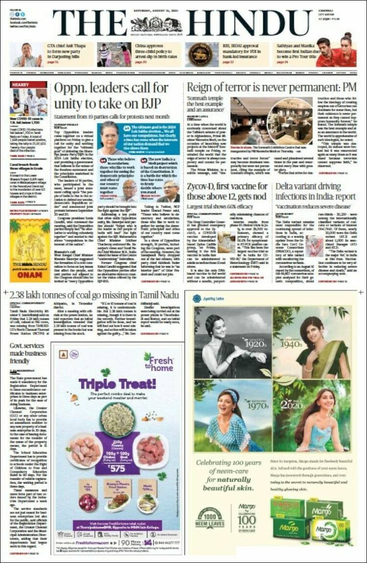 Portada de The Hindu (India)