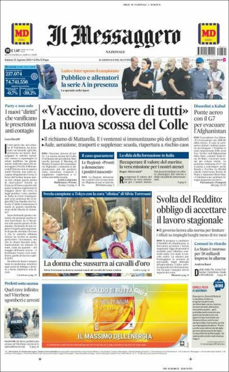 Portada de Il Messaggero (Italia)