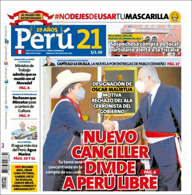 Portada de Perú 21 (Perú)