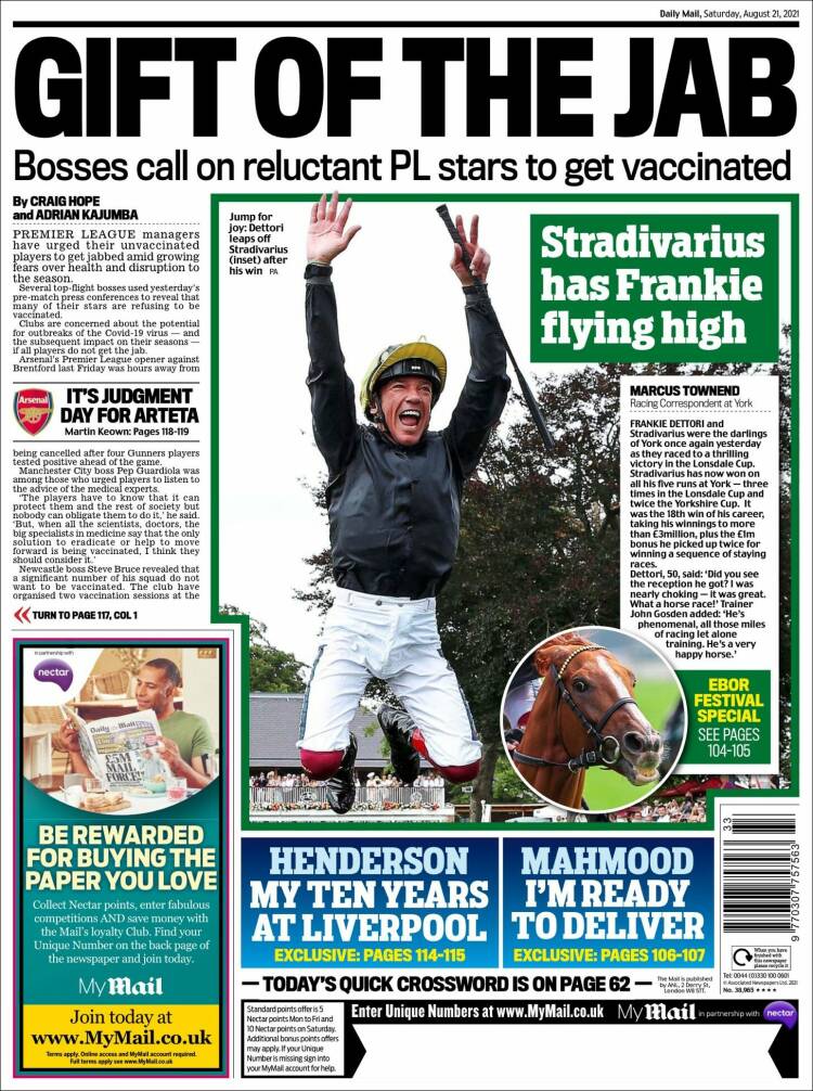 Portada de Daily Mail Sport (Reino Unido)