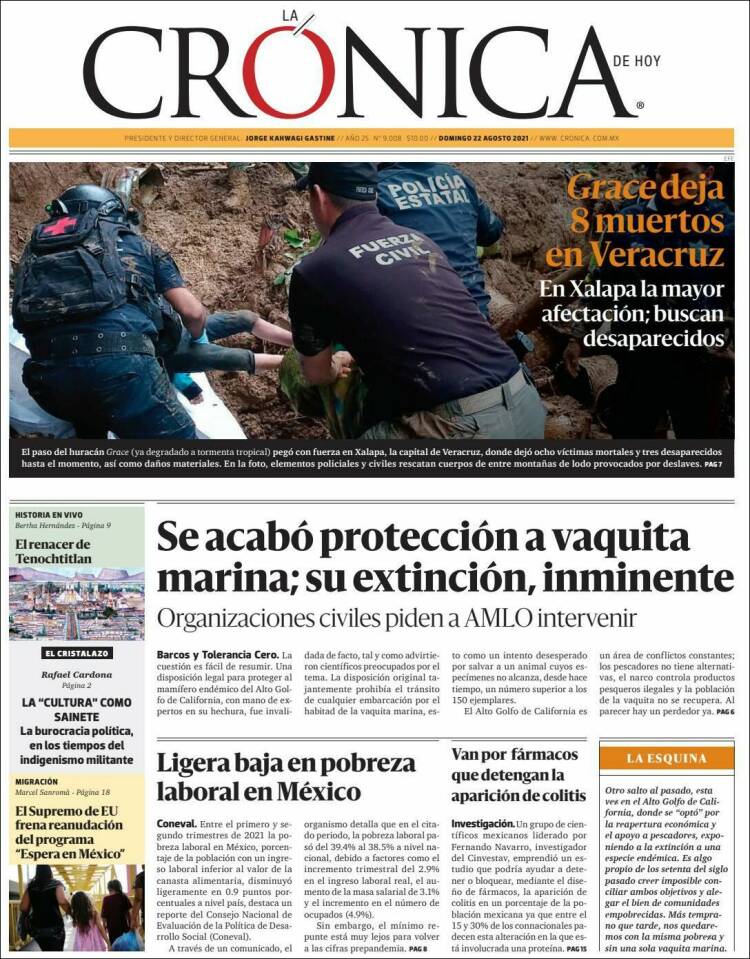 Periódico La Crónica de Hoy (México). Periódicos de México. Edición de  domingo, 22 de agosto de 2021. 