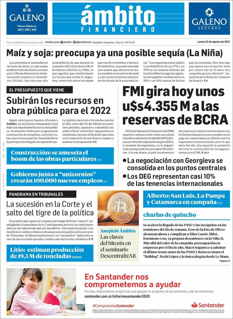 Portada de Diario Ambito Financiero (Argentina)
