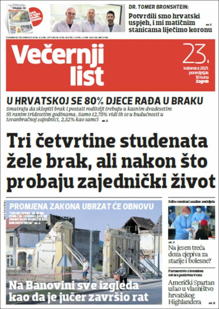 Portada de Večernji (Croacia)