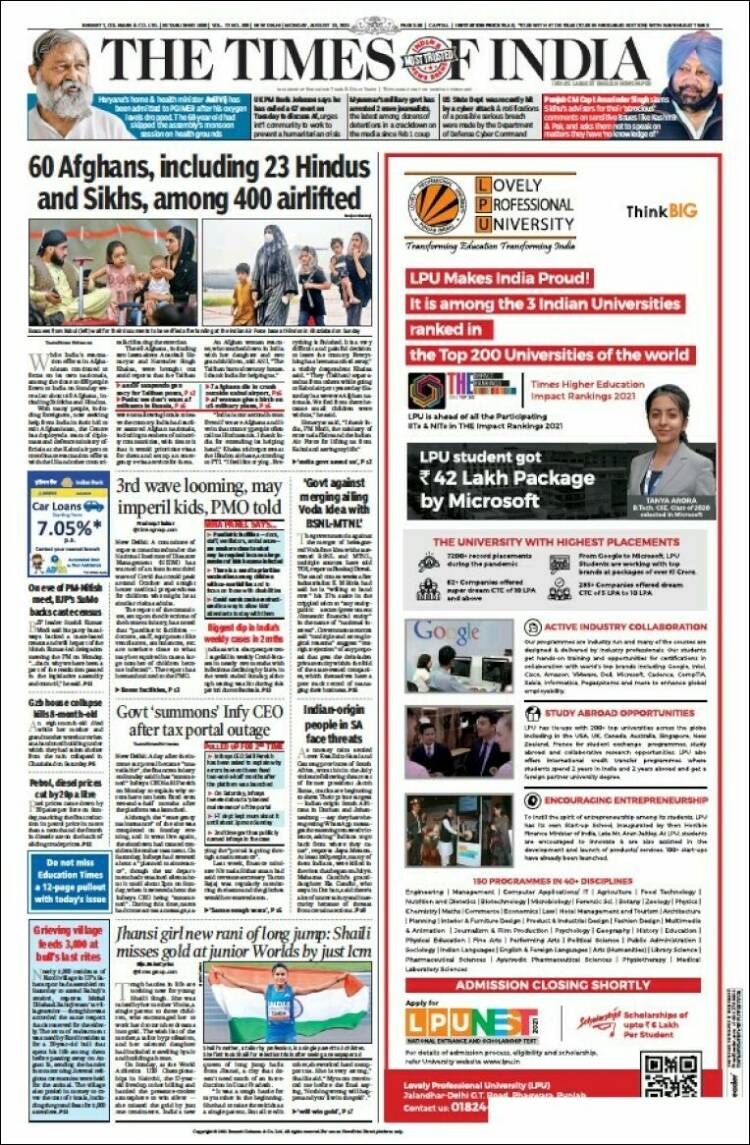 Portada de The Times of India (India)