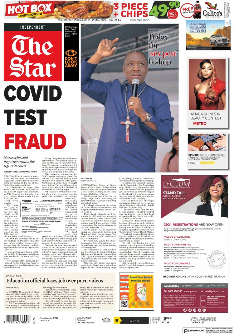 Portada de The Star (Sud&aacute;frica)