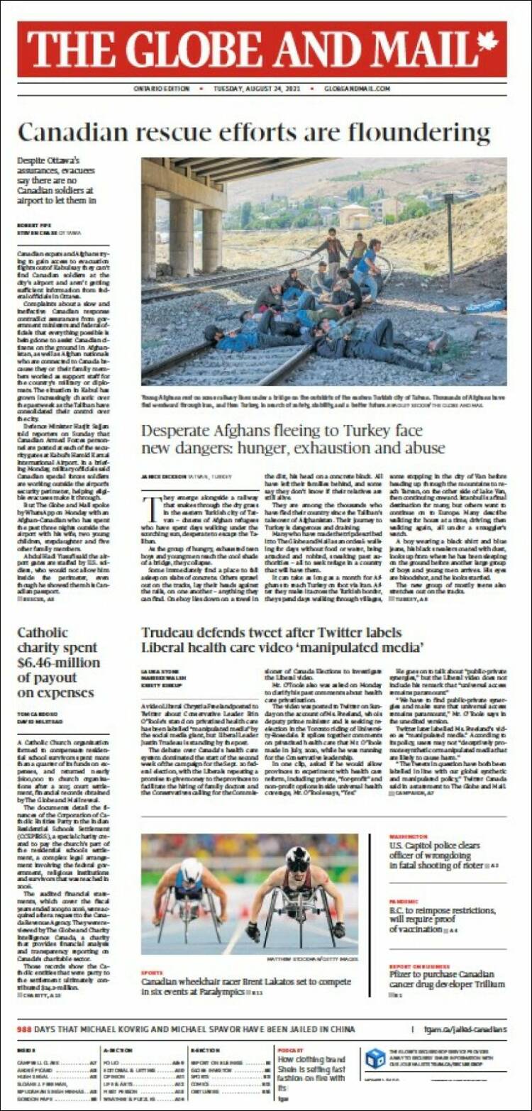 Portada de The Globe and Mail (Canadá)