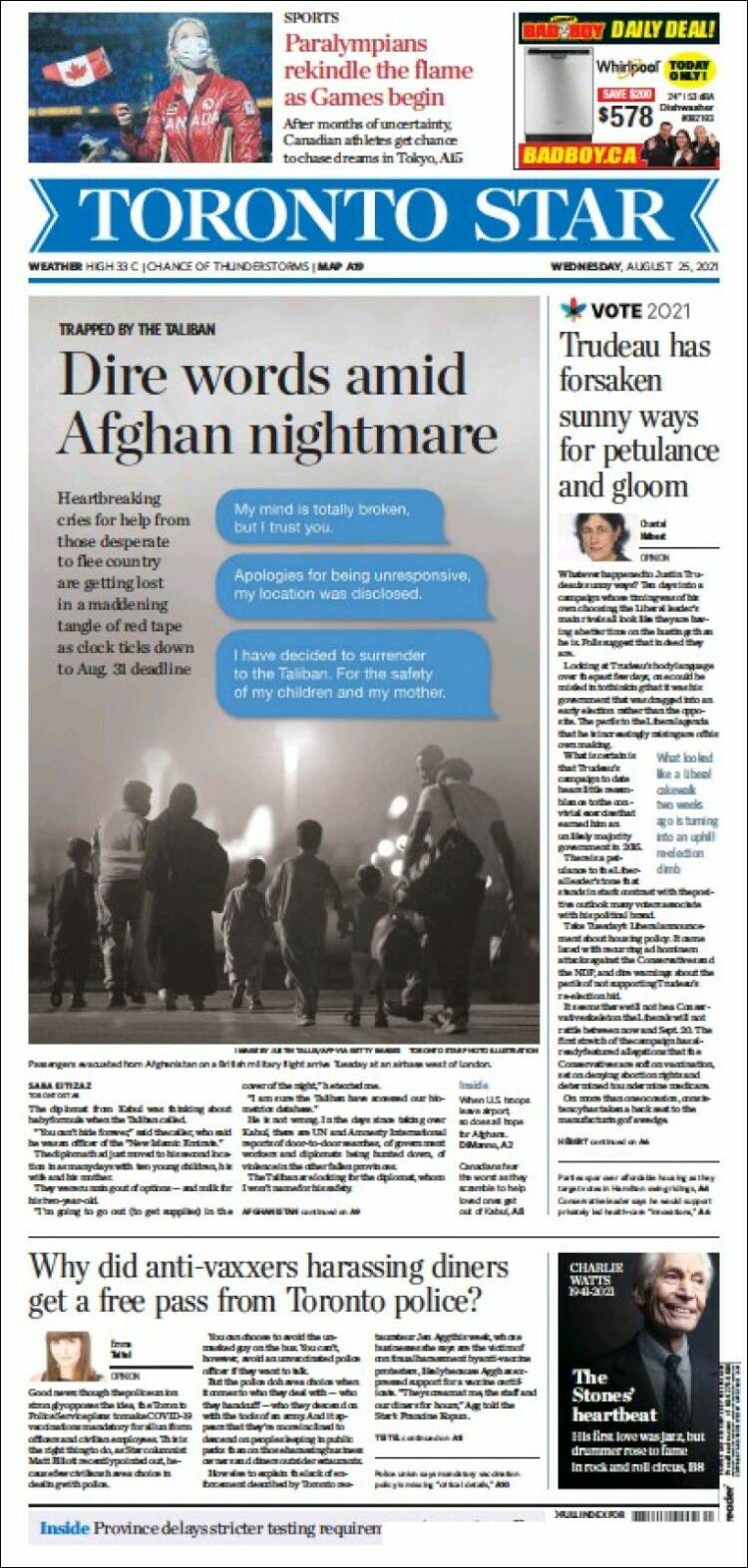 Portada de The Toronto Star (Canadá)