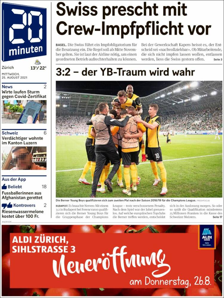 Portada de 20Minuten - Zürich (Suiza)