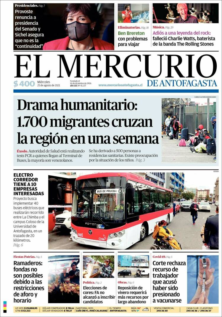 Portada de El Mercurio de Antofagasta (Chile)