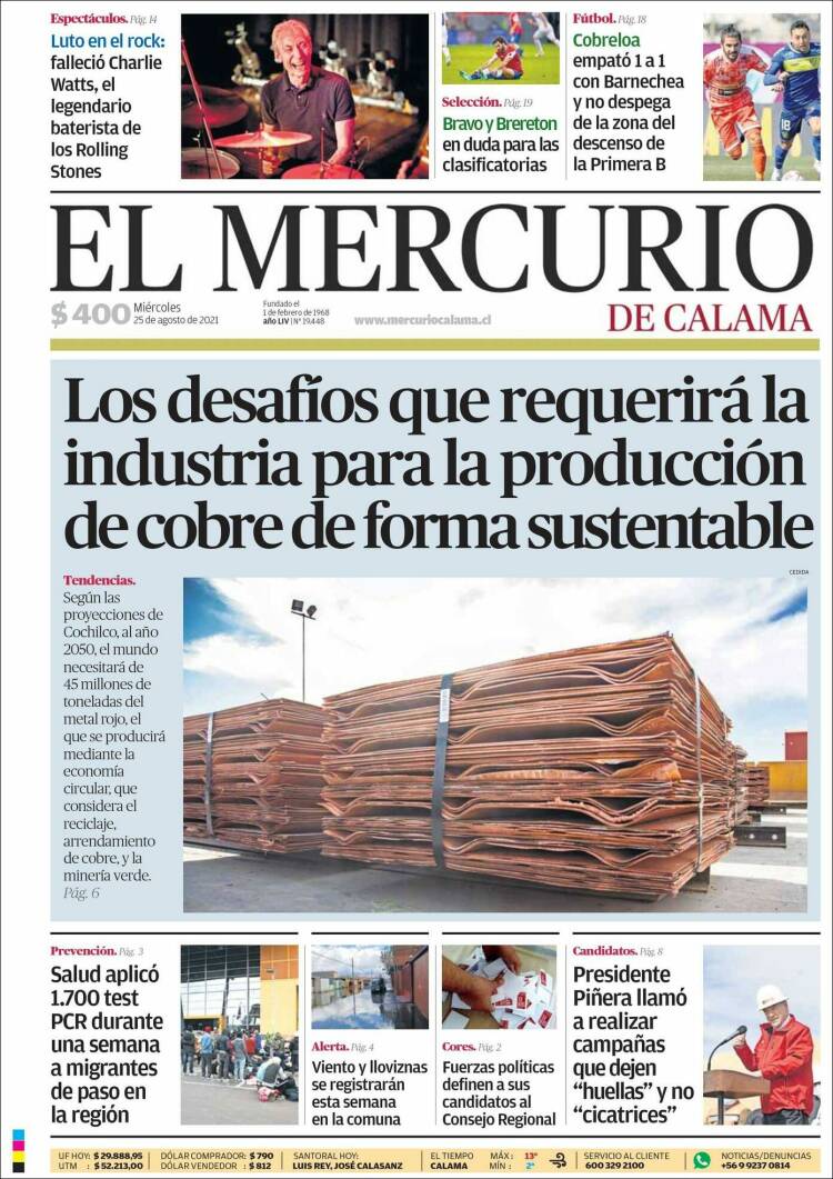 Portada de El Mercurio - Calama (Chile)