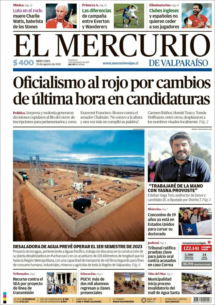 Portada de Mercurio de Valparaiso (Chile)