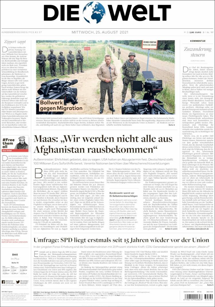 Portada de Die Welt (Alemania)