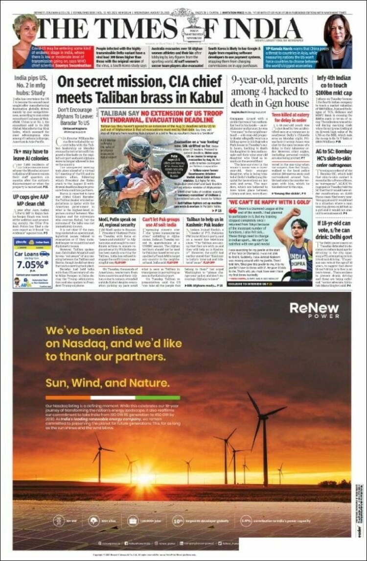 Portada de The Times of India (India)