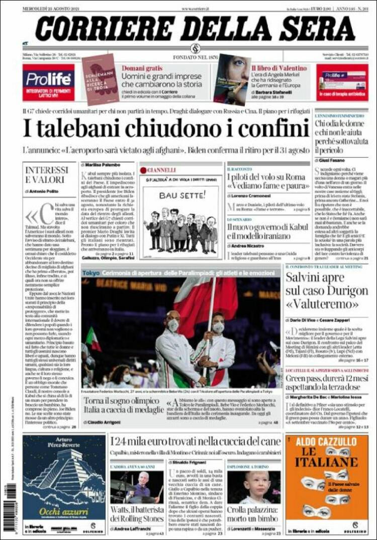 Portada de Corriere della Sera (Italia)