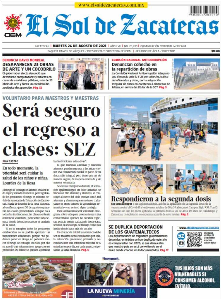 Portada de El Sol de Zacatecas (M&eacute;xico)