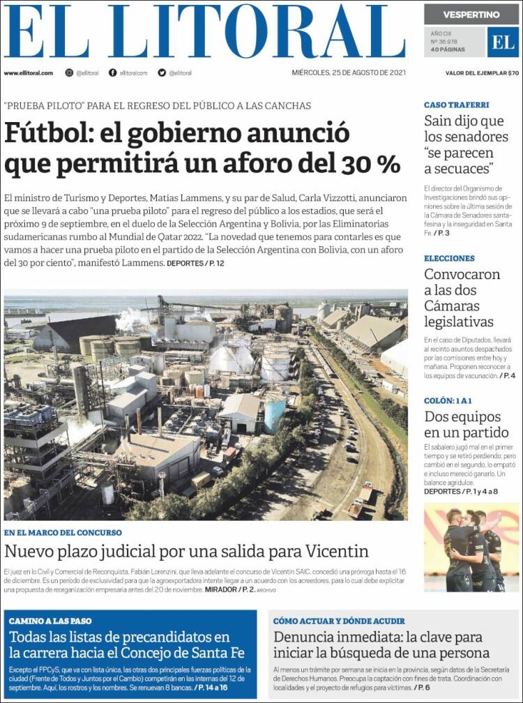 Portada de Diario El Litoral (Argentina)