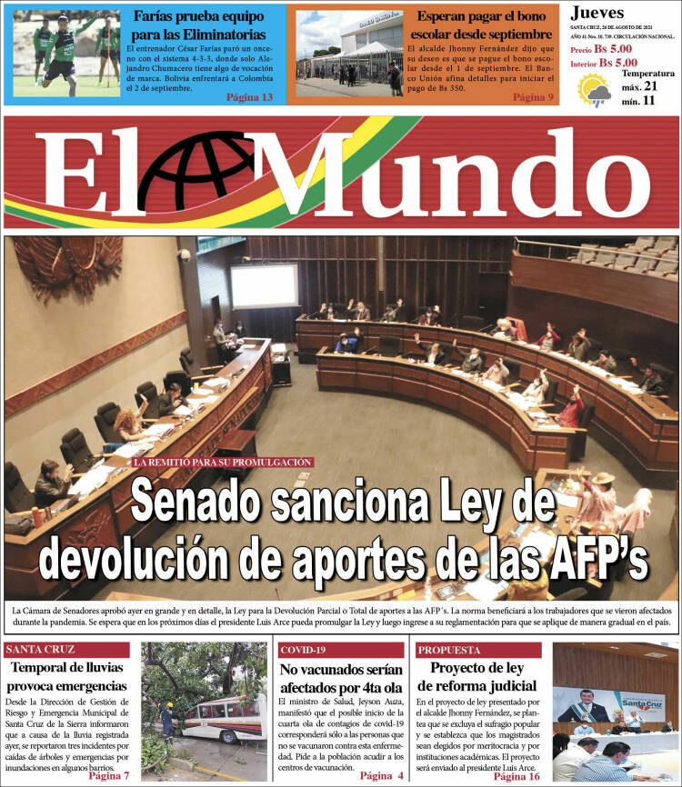 Portada de El Mundo (Bolivia)